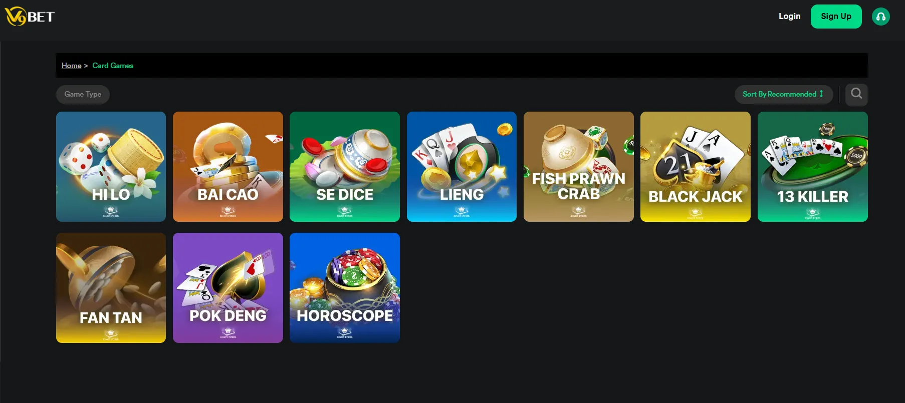 V9Bet offers a wide variety of popular card games