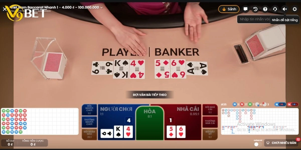 V9Bet mobile đã hiển thị rõ kèo Player, Banker, Tie theo xác suất