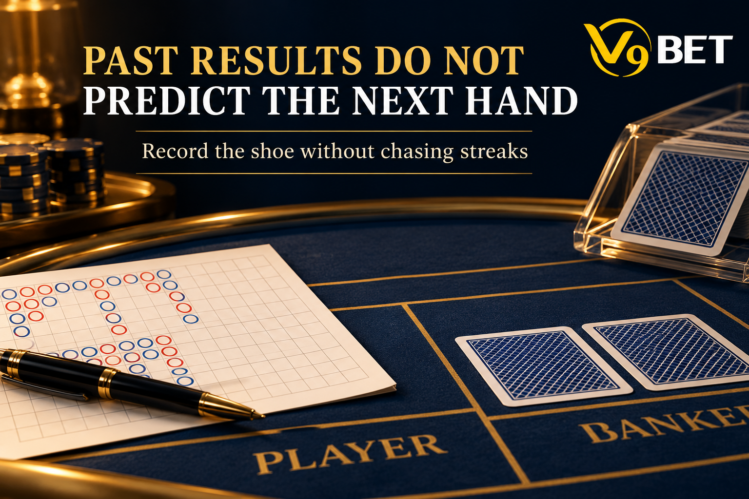 A Baccarat results chart beside a pen and face-down playing cards, emphasizing that past results do not predict the next hand.