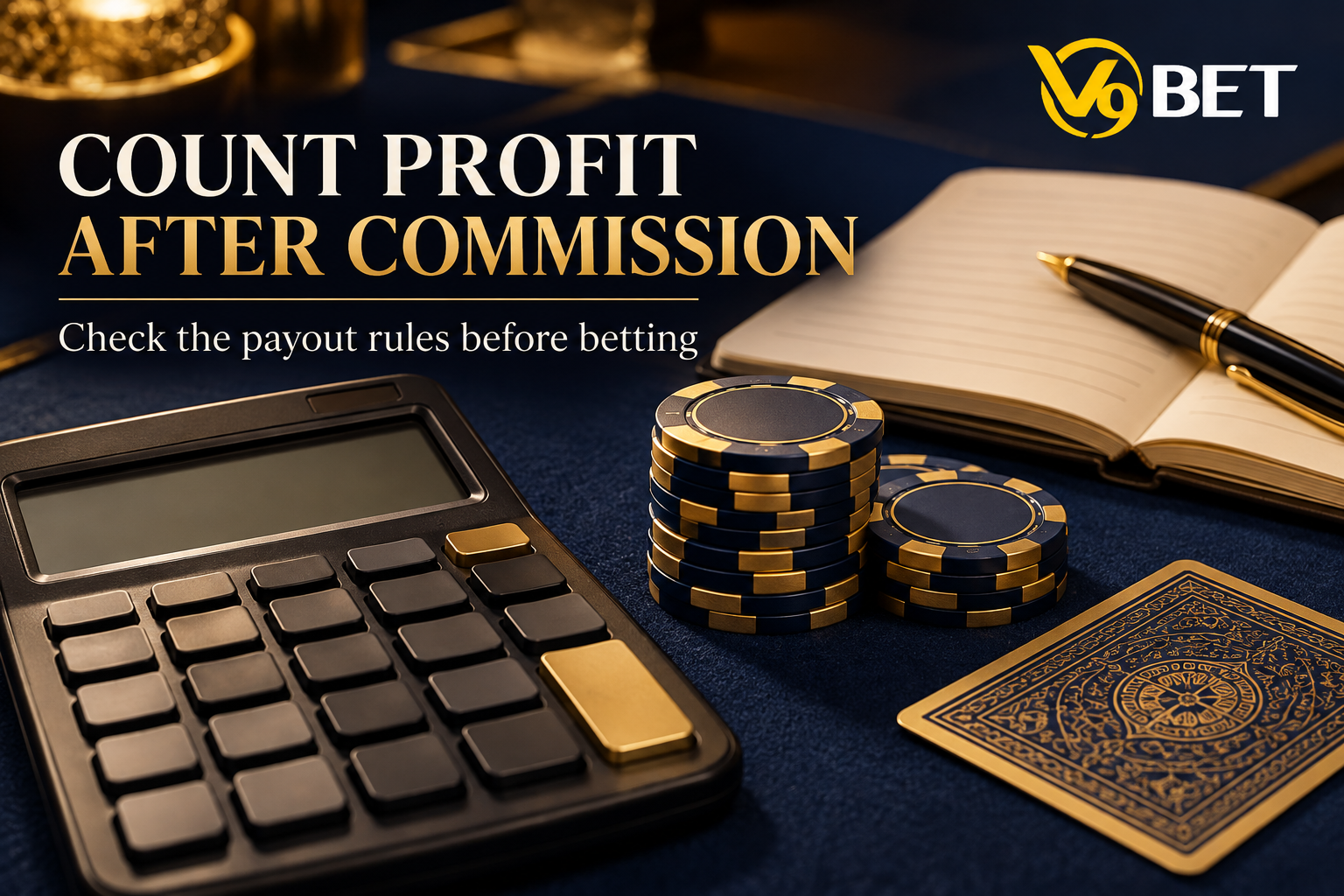 A calculator, notebook, and chips on a table, illustrating how to calculate net profit after commission according to the table rules.