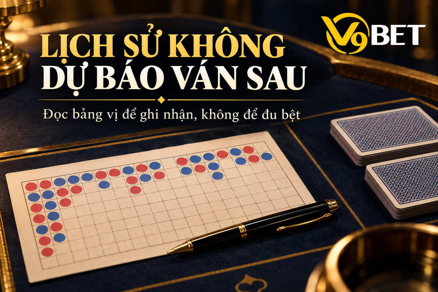 Bảng ghi kết quả Baccarat nằm cạnh bút và bài úp, nhấn mạnh lịch sử không
  dự báo ván sau.