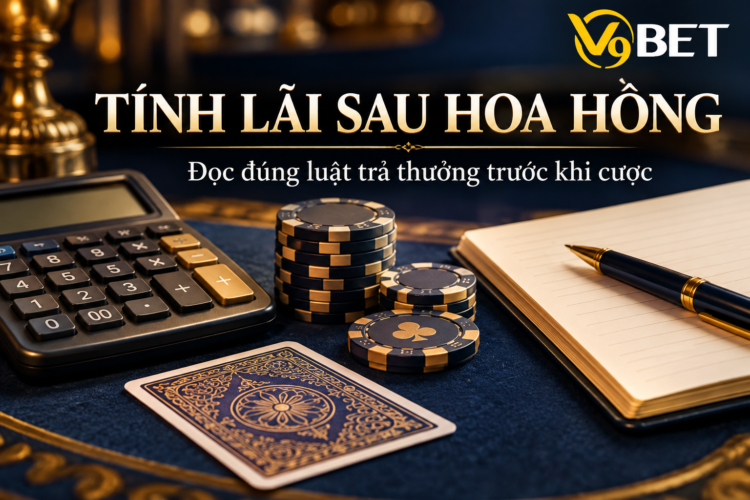 Máy tính, sổ ghi và chip trên bàn, minh họa việc tính lãi
  ròng sau hoa hồng theo luật bàn.