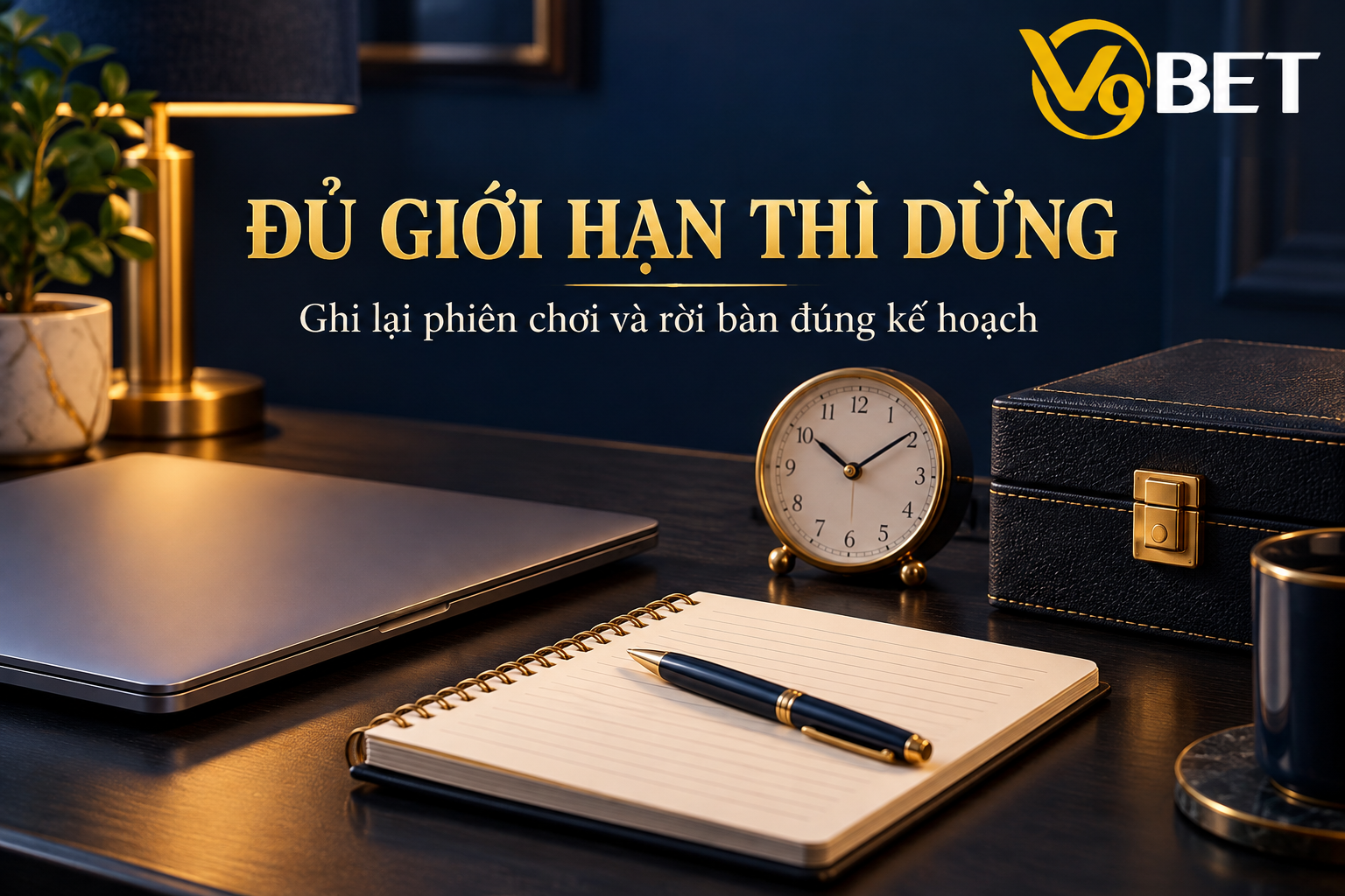 Máy tính đóng cạnh đồng hồ và sổ ghi phiên, nhấn mạnh dừng chơi khi tới
  giới hạn đã đặt.