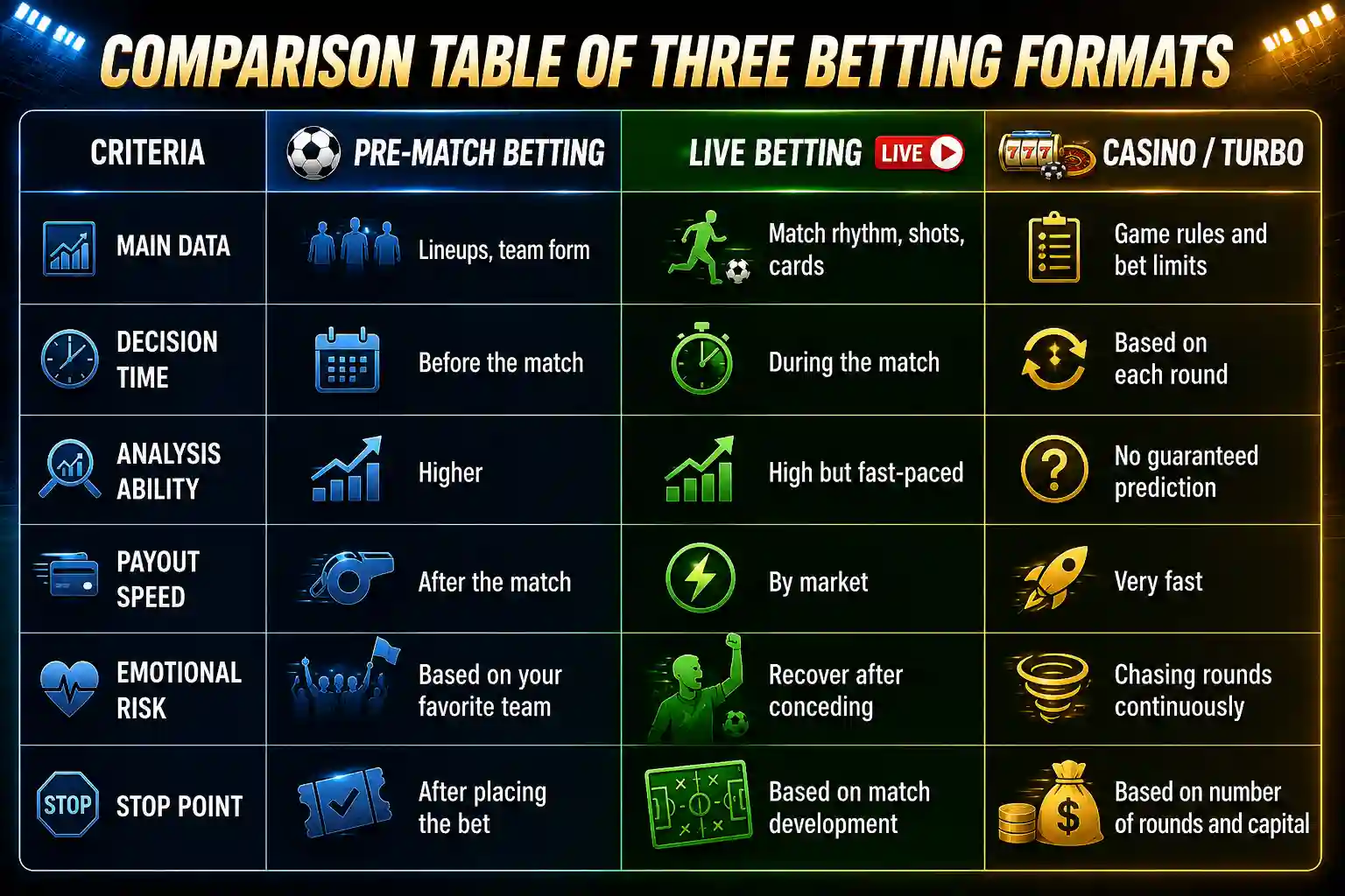 Comparison table of three betting formats