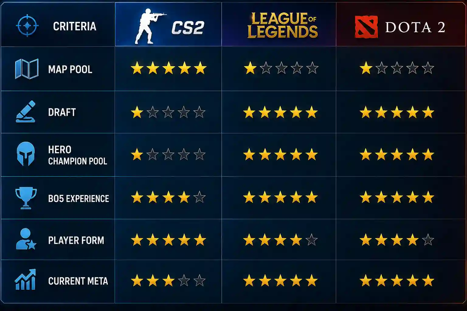 Comparison table of analytical criteria for different esports titles