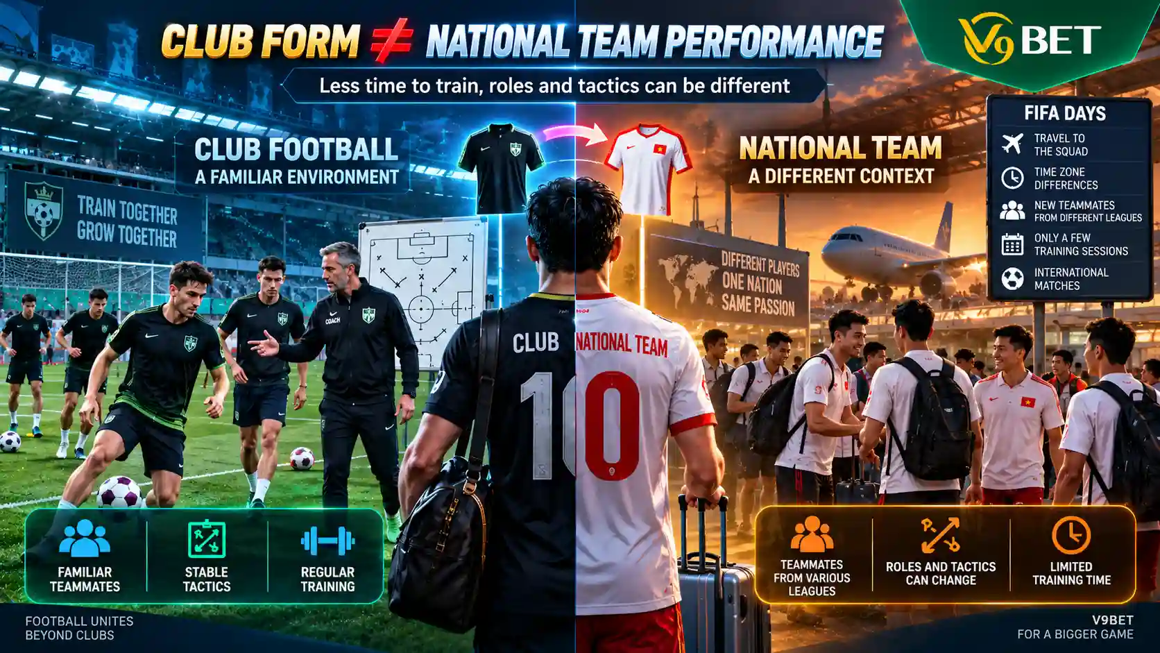The difference between club form and national team performance during FIFA international windows.