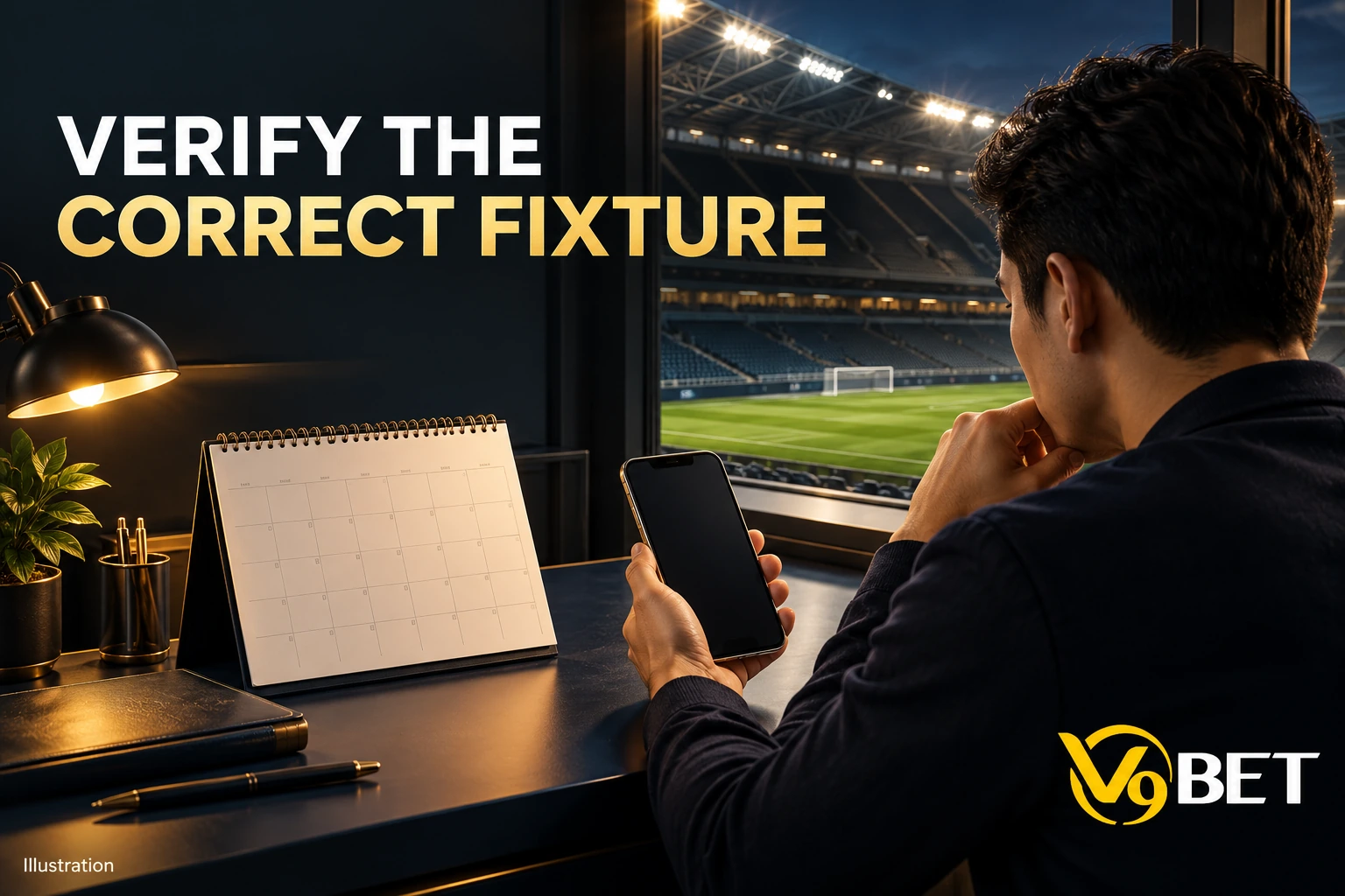 A phone and a calendar in front of a football pitch, illustrating the check of the correct match, date and kick-off time.