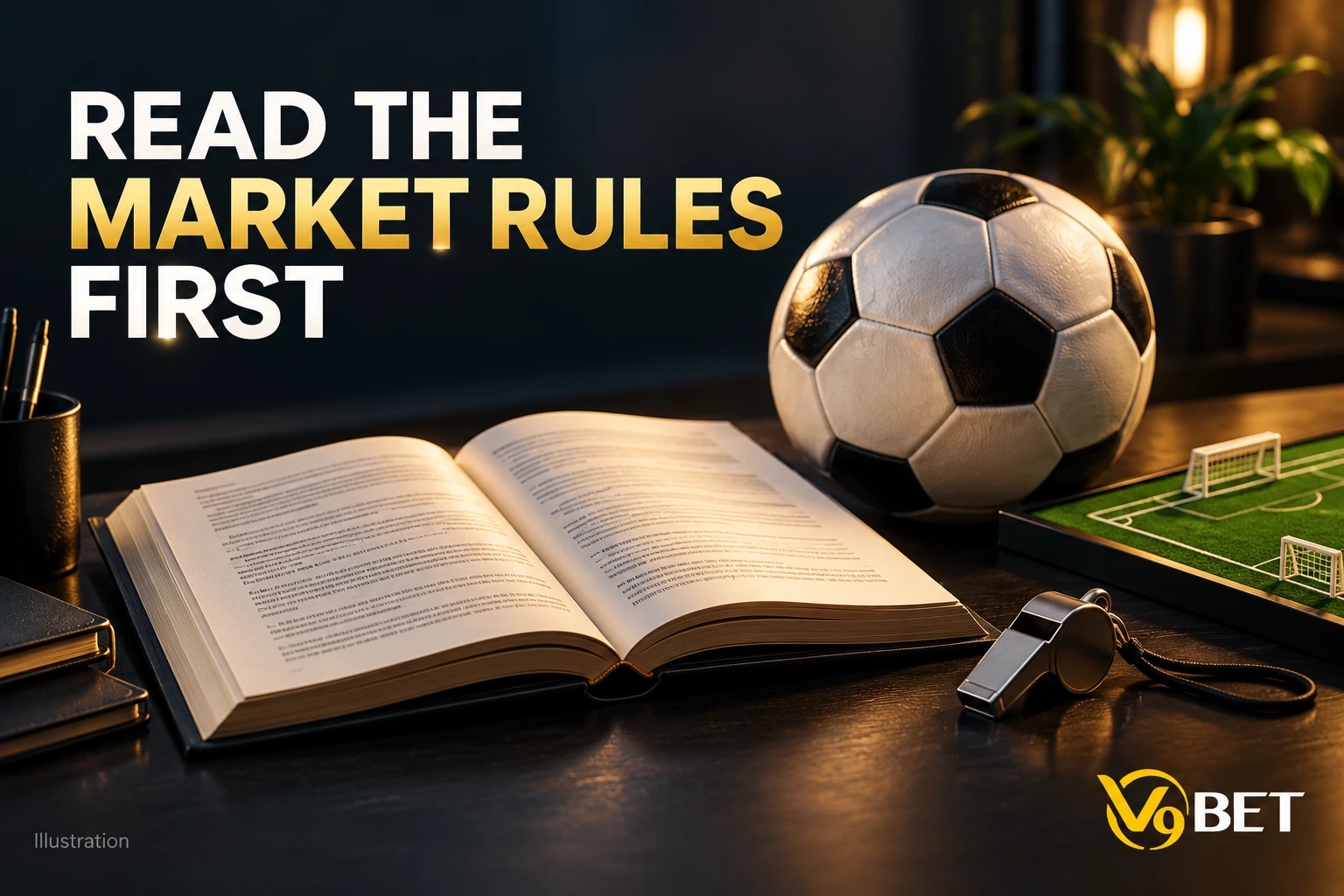 A football, a whistle and a rulebook, illustrating the cross-check of the market's settlement scope and rules.