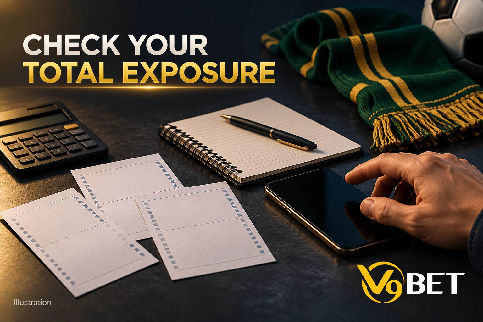 Blank slips, a notebook and a calculator, illustrating adding up total risk before adding another bet.