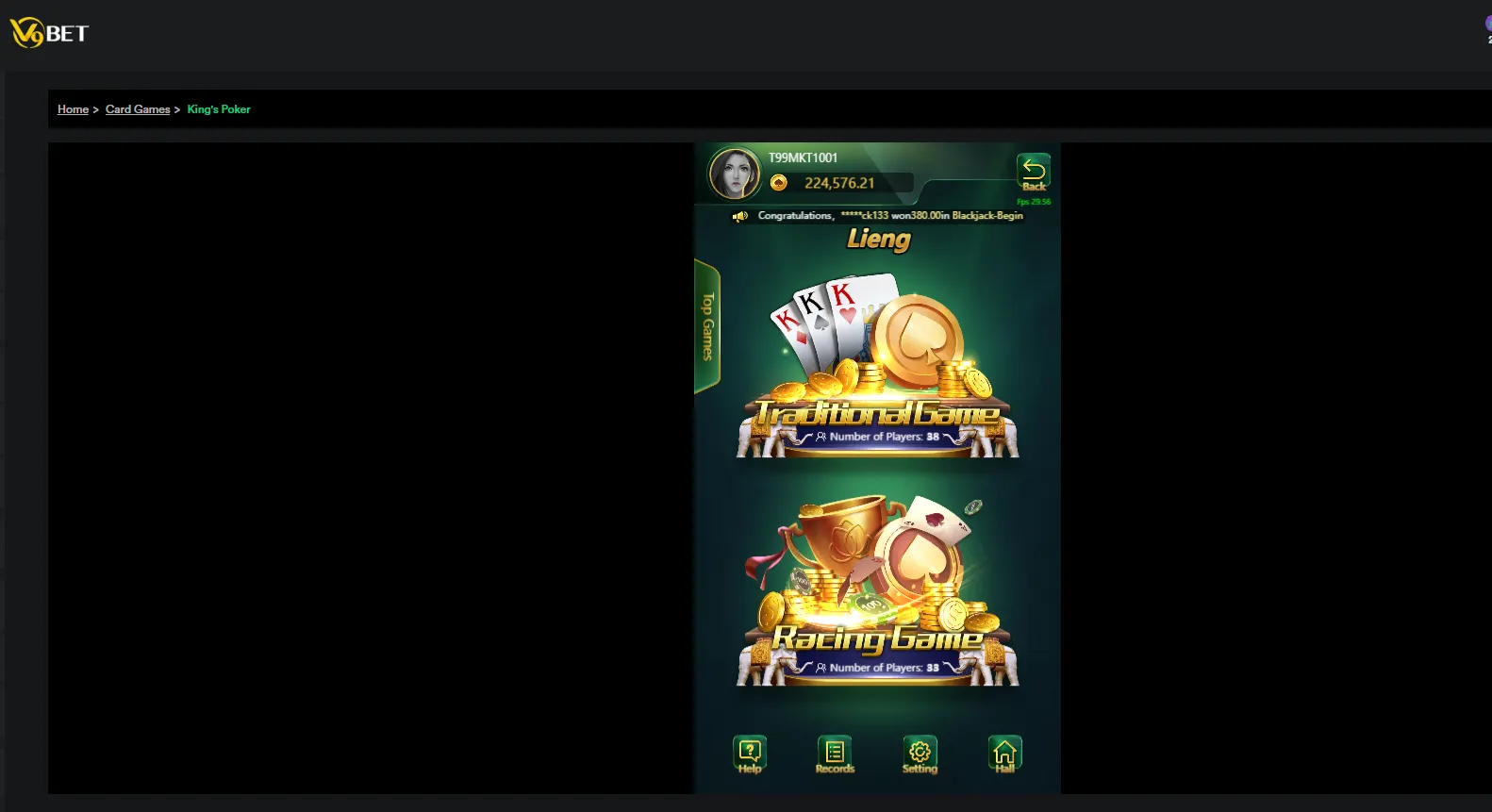 Popular Lieng card game at V9Bet online casino