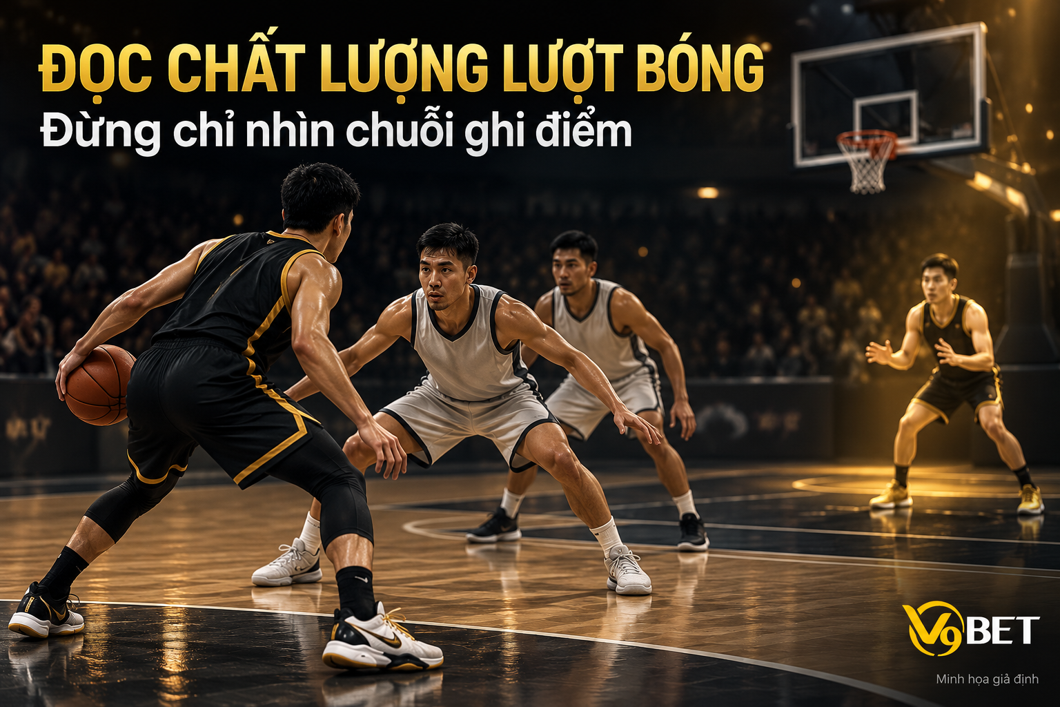 Tình huống bóng rổ giả định với người cầm bóng bị hai hậu vệ gây sức ép và đồng đội đứng thoáng, nhấn mạnh chất lượng cơ hội thay vì chỉ nhìn chuỗi ghi điểm.