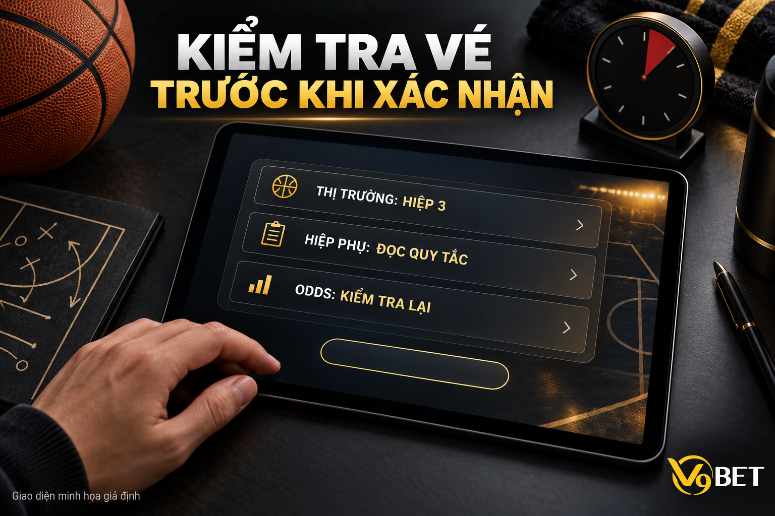 Giao diện kiểm tra vé giả định trên máy tính bảng, làm nổi bật thị trường hiệp ba, yêu cầu đọc quy tắc hiệp phụ và kiểm tra lại odds trước khi xác nhận.