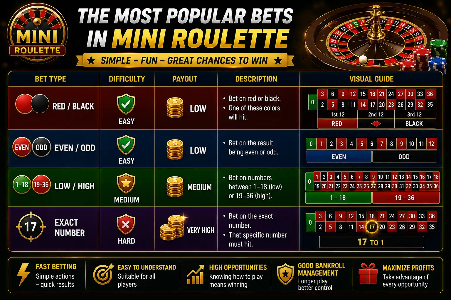 Popular betting types in Mini Roulette