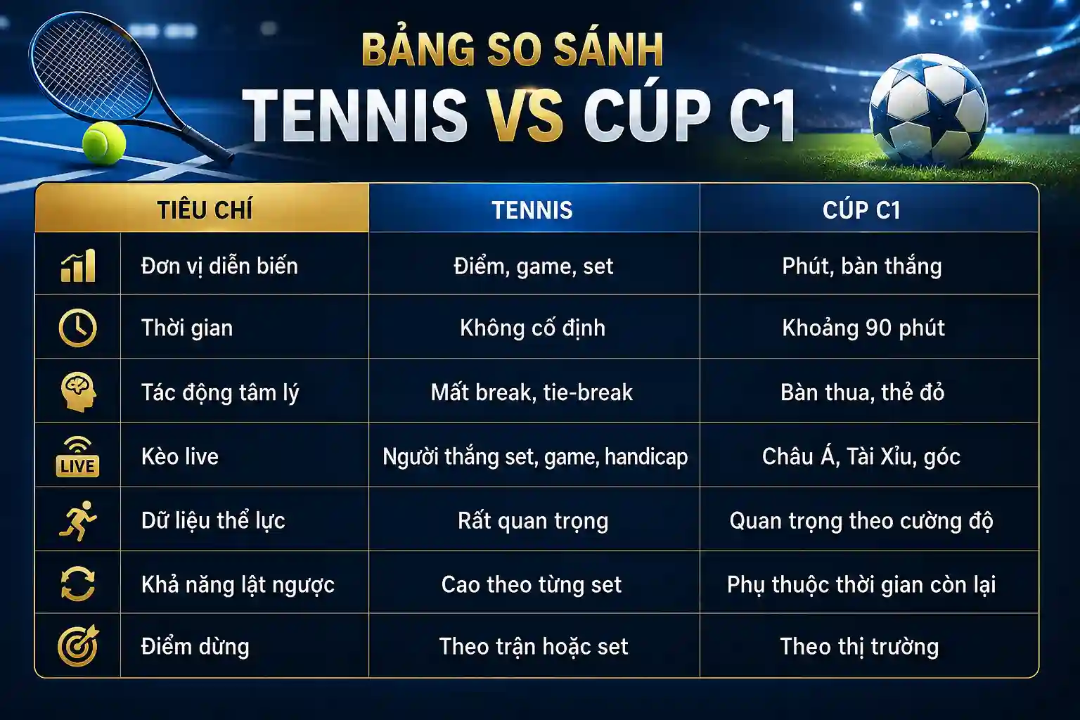 Bảng so sánh tennis và bóng đá