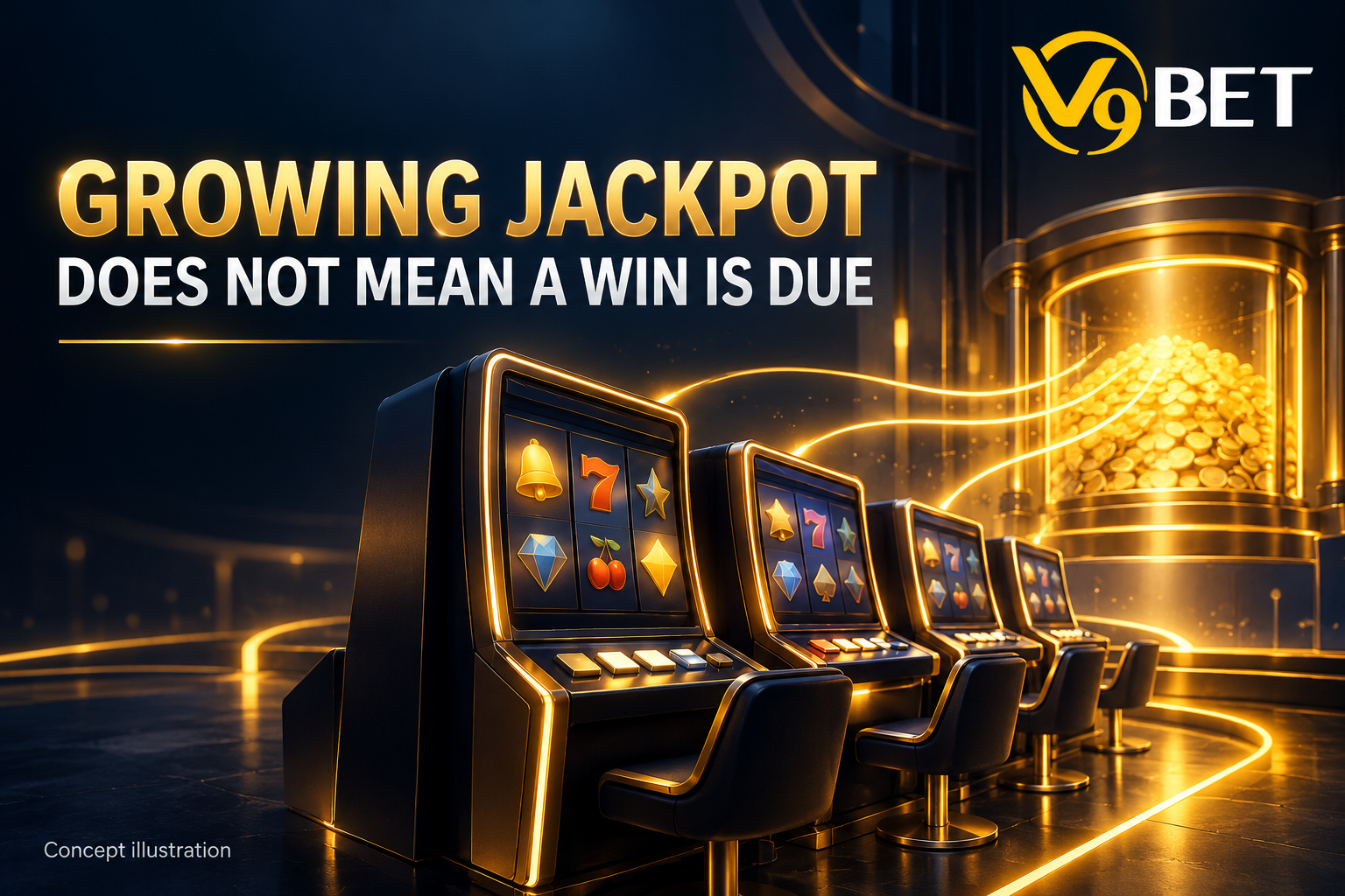 Illustration of a group of slot machines contributing to a shared jackpot pool, highlighting that a growing pool does not mean the jackpot is about to hit