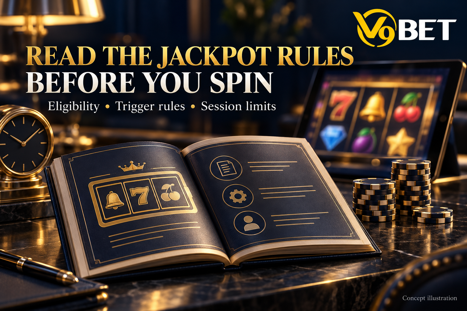 Illustration of checking jackpot rules before spinning, highlighting three things to verify: eligibility conditions, how the jackpot is triggered, and session limits.