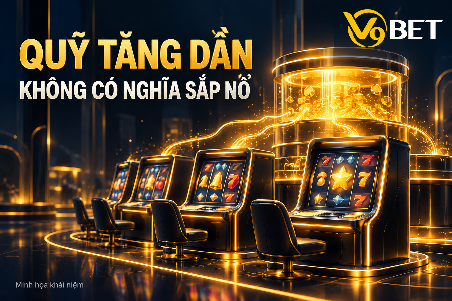 Minh họa một nhóm máy slot cùng góp vào quỹ thưởng, nhấn mạnh quỹ tăng không có nghĩa jackpot sắp nổ