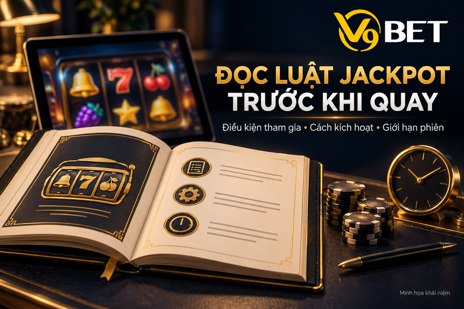 Minh họa đọc luật jackpot trước khi quay, với ba nội dung cần kiểm tra là điều kiện tham gia, cách kích hoạt và giới hạn phiên.