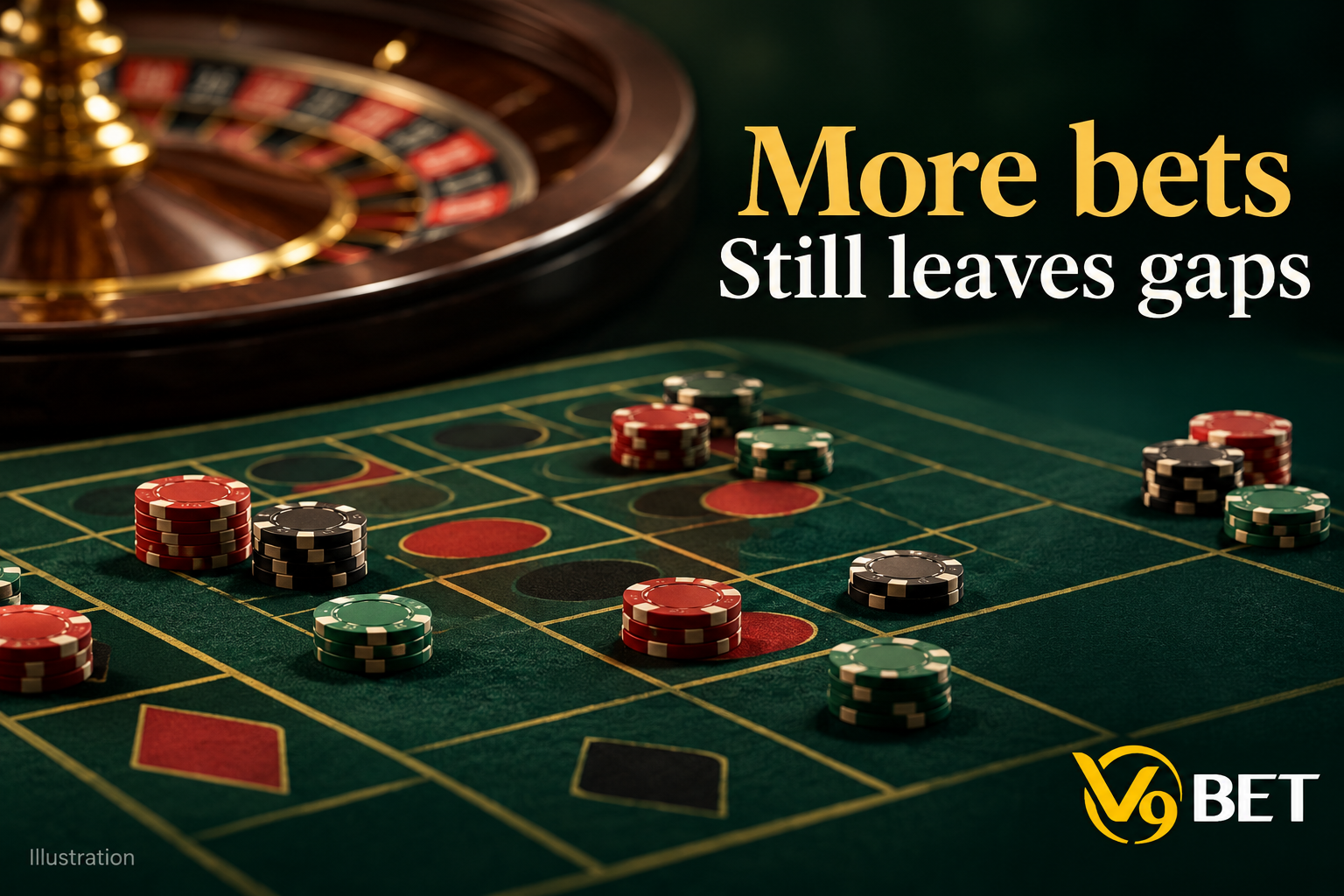 Roulette chips spread across the betting layout with uncovered spaces remaining, illustrating that placing multiple bets does not mean every outcome is covered