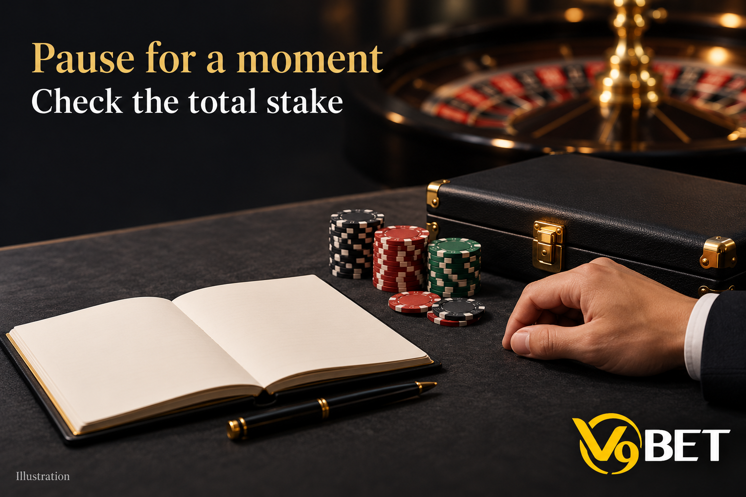 A hand resting beside a chip tray and a blank notebook, illustrating the importance of checking total roulette stakes before continuing a round