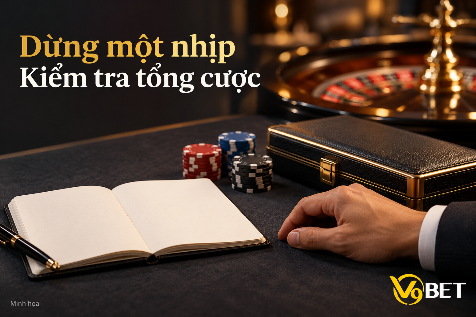 Bàn tay dừng cạnh hộp chip và sổ trống, minh họa việc kiểm tra tổng tiền cược trước khi tiếp tục một vòng Roulette
