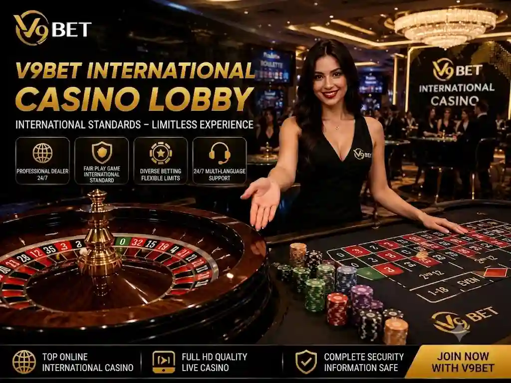 V9Bet International Casino Lobby with a live Roulette dealer