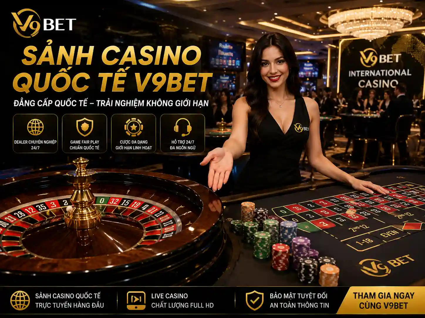 Sảnh casino quốc tế V9Bet với dealer Roulette