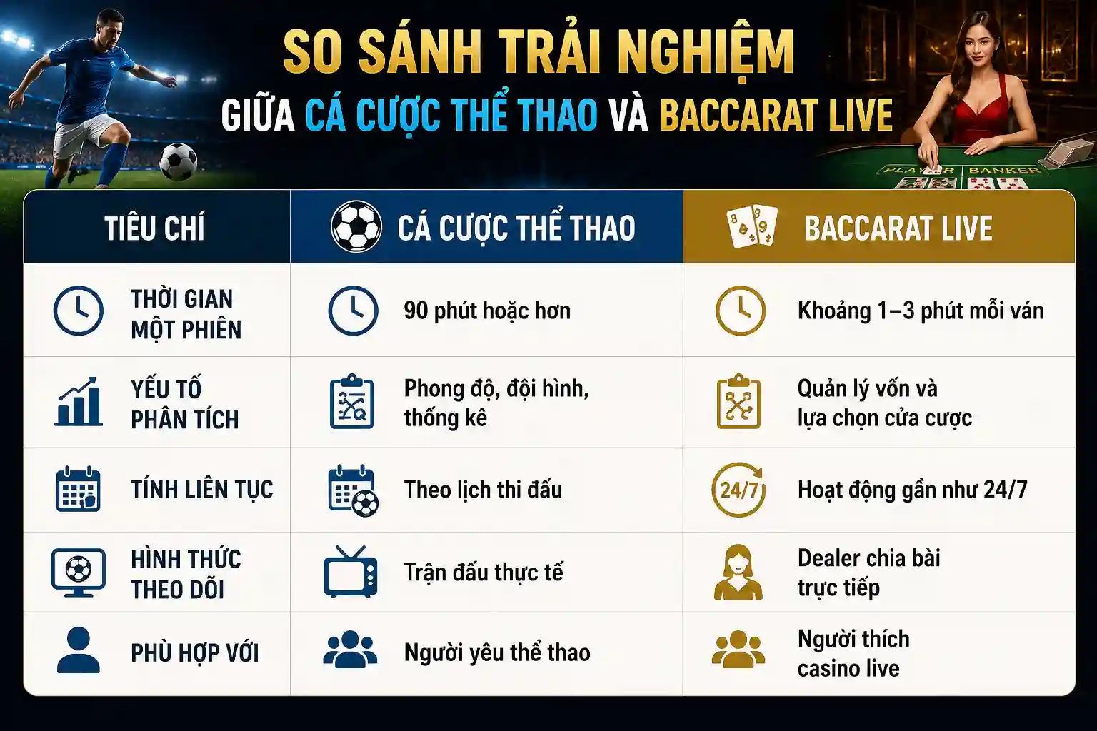 So sánh trải nghiệm giữa cá cược thể thao và Baccarat Live class=