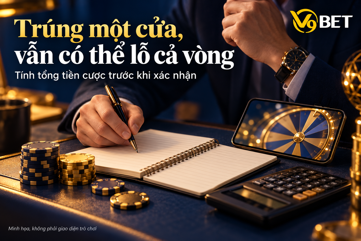 Minh họa người chơi dừng lại để đối chiếu vé, máy tính và tổng chi phí; nhấn mạnh việc trúng một cửa vẫn có thể đi cùng khoản lỗ của cả vòng