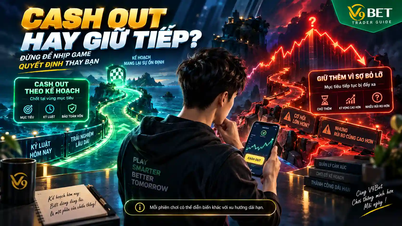 Người chơi cân nhắc cash out hoặc giữ tiếp trong game Trader Lướt Sóng V9Bet.