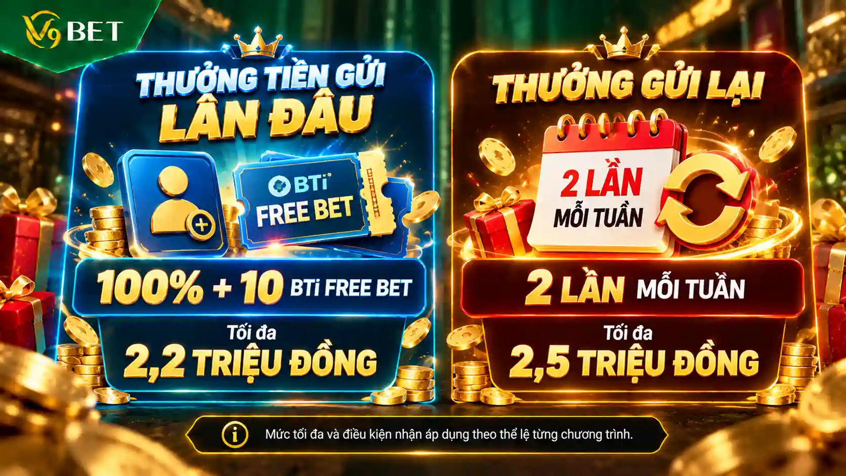 So sánh gói thưởng tiền gửi lần đầu và thưởng gửi lại hai lần mỗi tuần tại V9Bet