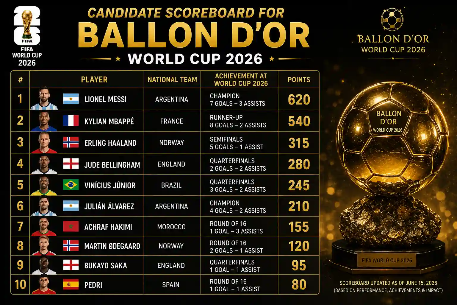 World Cup 2026 Golden Ball contenders scoreboard
